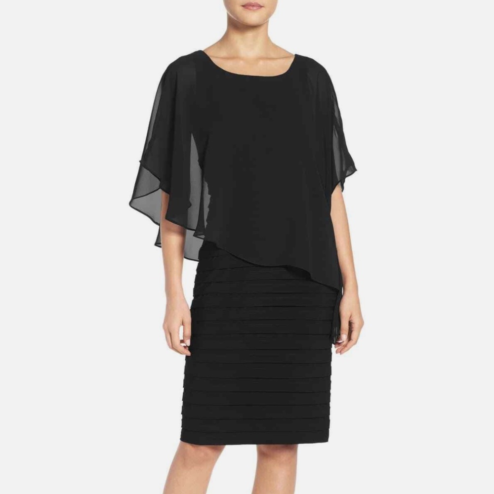 Adrianna Papell Black Chiffon Overlay Drape Pleat Sheath Dress, Size 14, NWOT